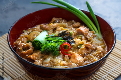 Oyakodon, Chicken and egg bowl, Japanese food, close view.