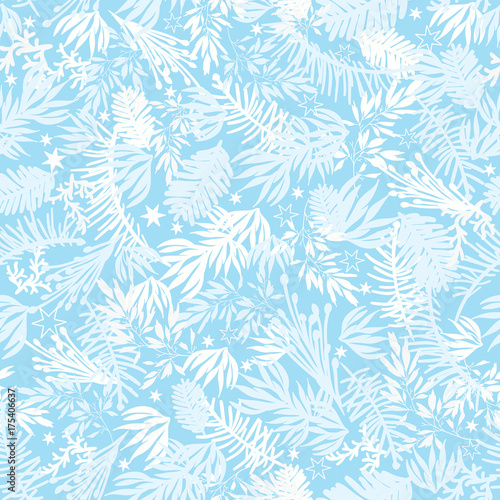 Vector winter holiday blue frost pine branches seamless pattern background. Great for fabric, packaging, giftwrap projects.