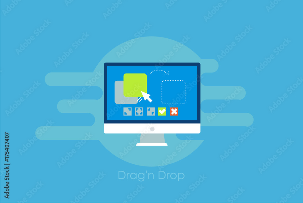 Drag and drop banner. Computer with the program and site configuration settings functions Drag and drop banner. Computer with the program and site configuration settings functions
