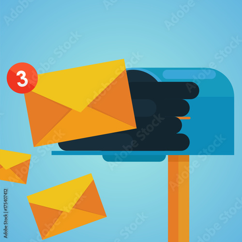 E-mail marketing. Mailbox and envelopes surrounded with notification by icons 