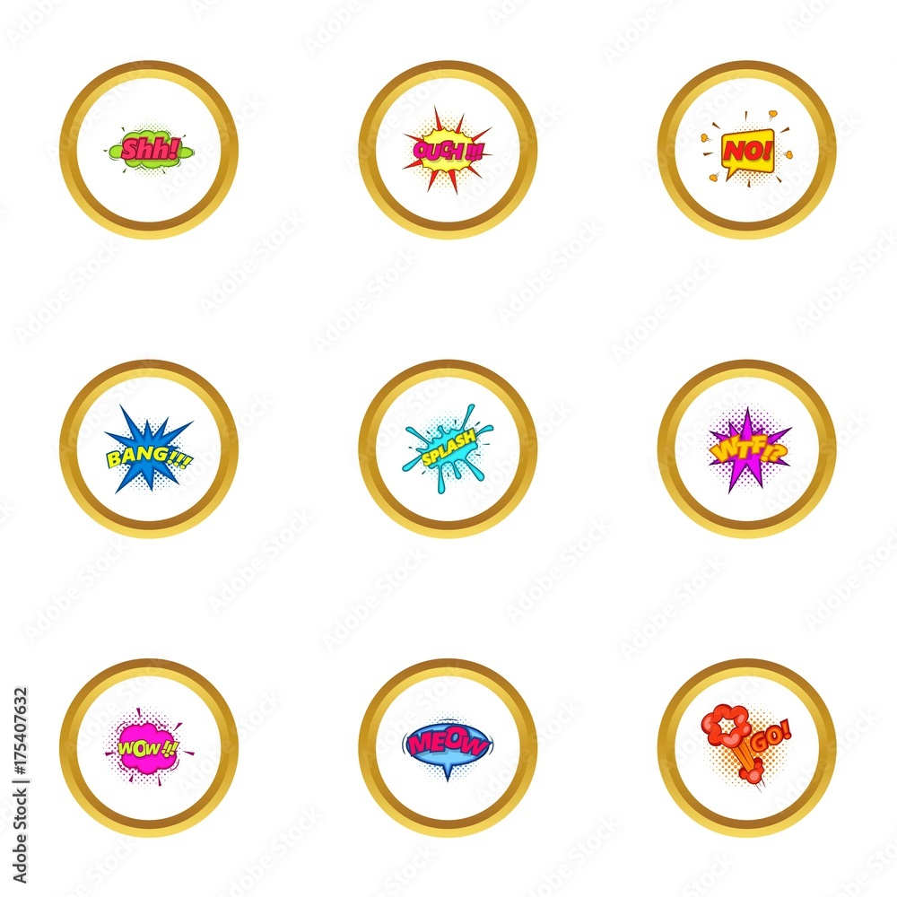 Explosive stickers icons set, cartoon style Explosive stickers icons set, cartoon style
