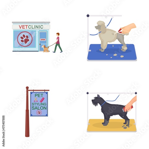 Visiting a vet clinic, a signboard of a stylish salon for a pet, a haircut of dogs. Vet clinic and pet,dog care set collection icons in cartoon style vector symbol stock illustration web.