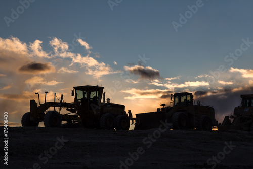 Heavy, Construction Equipment Silhouette at Sunset