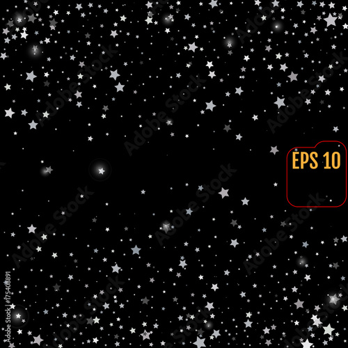 Snow black background for christmas, new year and winter card template with abstract confetti stars background.