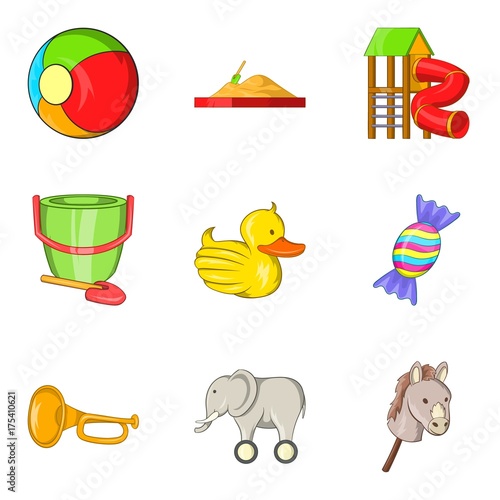 Delightful toy icons set, cartoon style