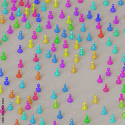 Isometric perspective on scattered vibrantly colored Chess pawns © stockmorrison