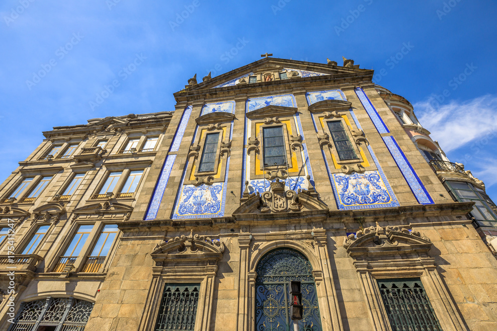 Azulejo tiles covering the facade of Saint Anthony's Church Congregados in Almeida Garrett square, Porto historic center, Portugal, Europe.