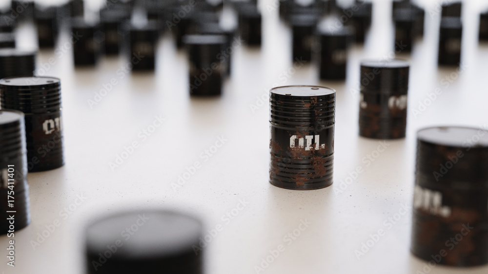 black oil barrels scattered on a white surface with shallow depth of field black oil barrels scattered on a white surface with shallow depth of field