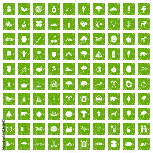 100 camping and nature icons set grunge green