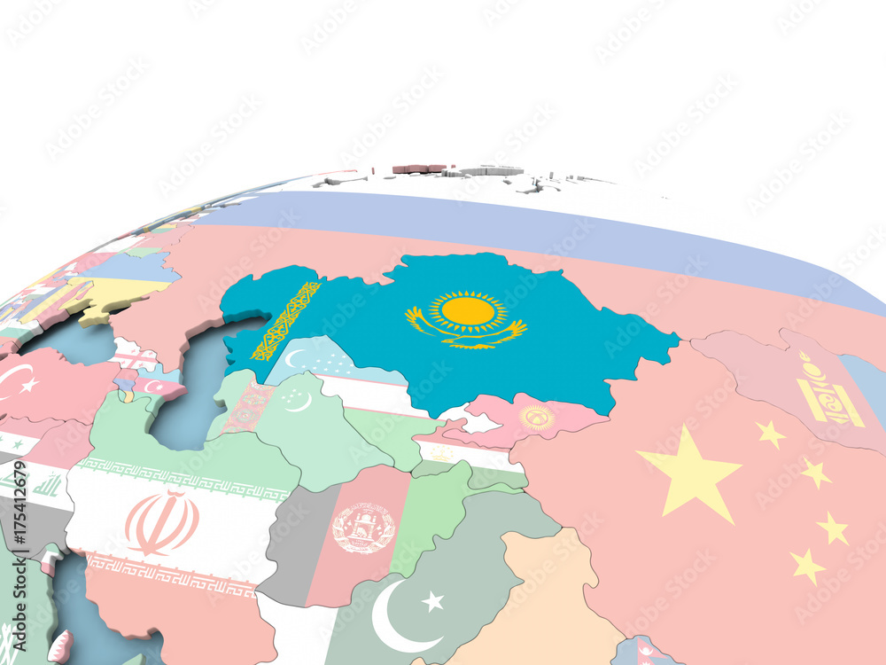 Flag of Kazakhstan on bright globe