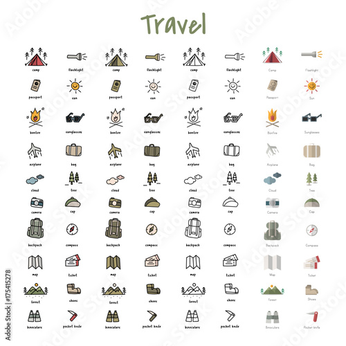 Slika na platnu Illustration drawing style of camping icons collection