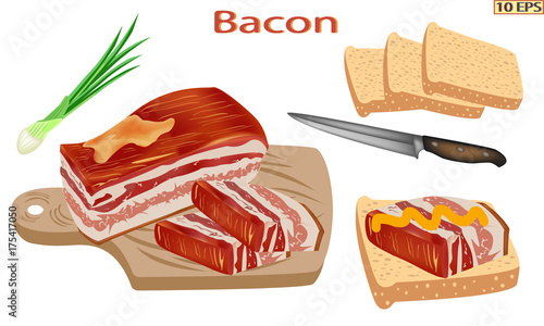 Bacon isolated on white background. Smoked brisket sliced on the board with appetizing pieces. Bacon vector. Smoked pork slices and onion.  Icon of meat pork. Delicious bacon. Vector illustration.
