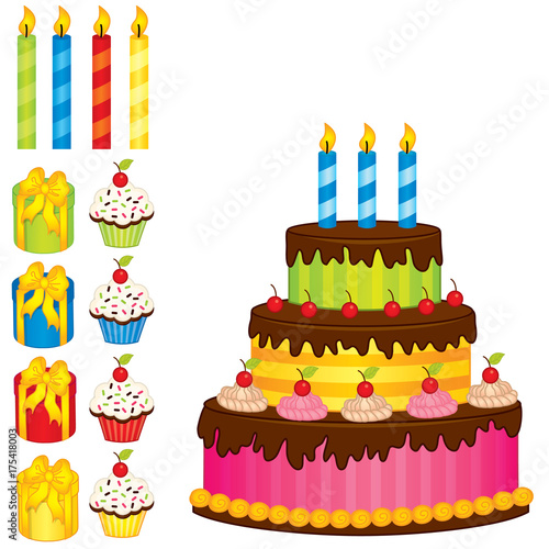 Vector Birthday Cake  Candles  Cupcakes and Gift Boxes