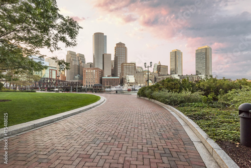 Boston Seaport Skyline Sunset