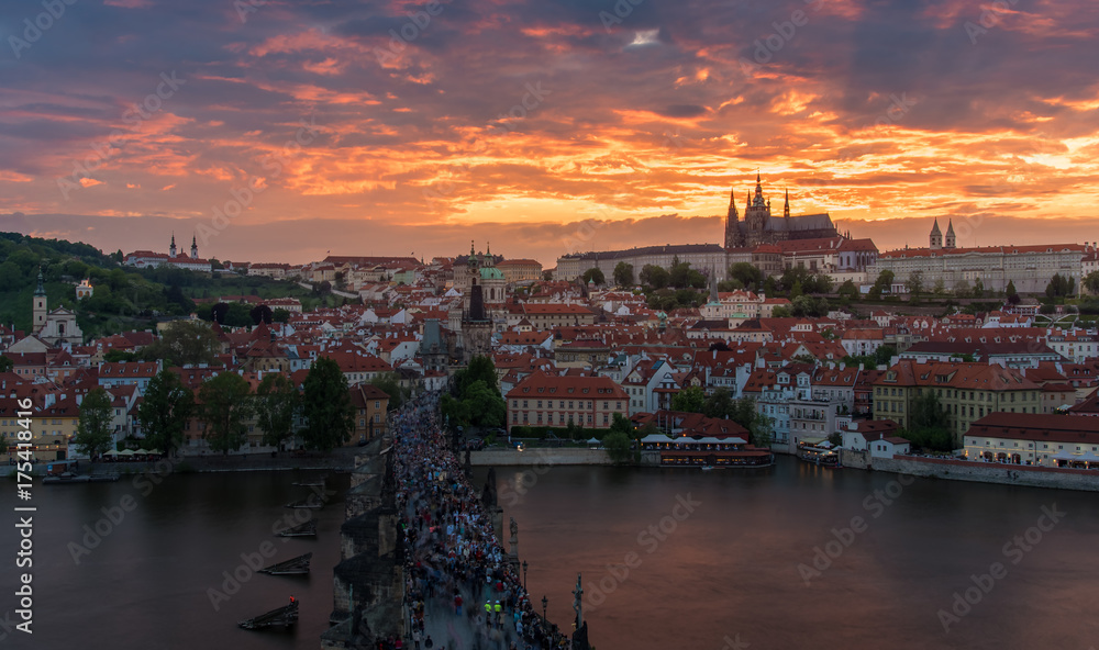 Prague castle in sunset with beautiful twilight sky , Prague