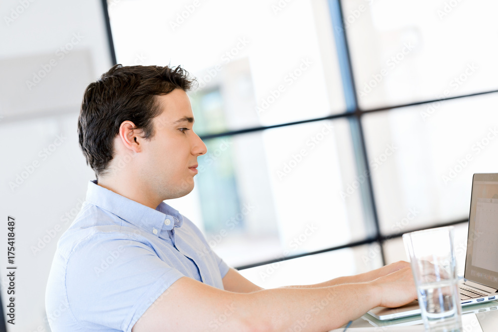 Handsome businessman working at computer