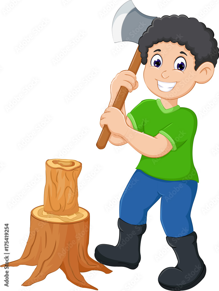handsome man cartoon cutting tree with smile Stock Photo | Adobe Stock