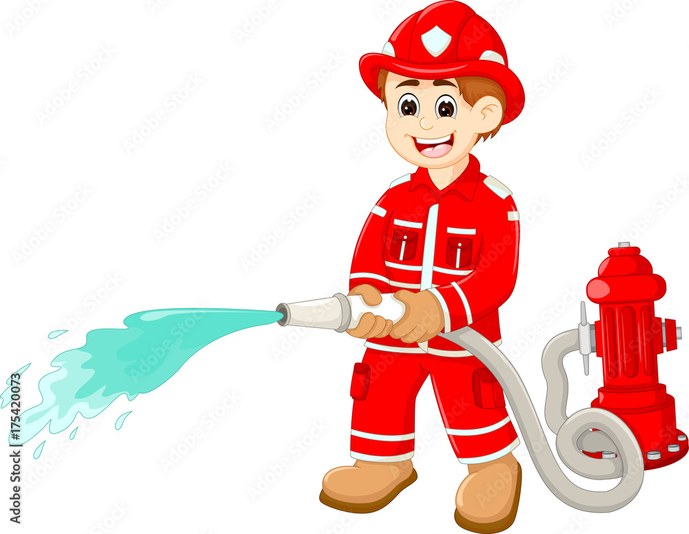 Naklejka premium handsome firefighters cartoon in action