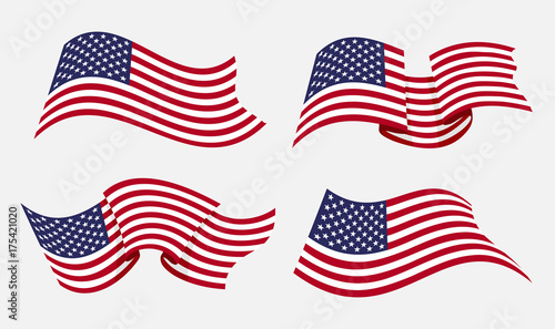 Flowing flat american flag vector illustration. Flying waving usa flags isolated on white background