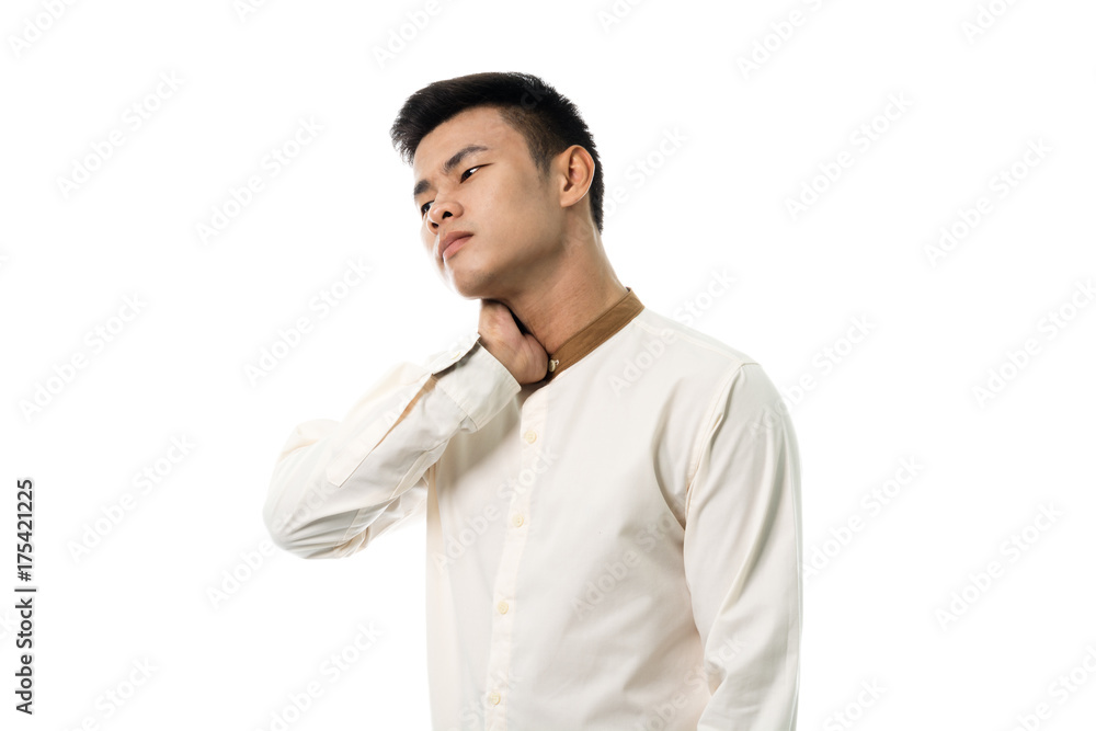 Handsome asian reception man having a neck pain portrait studio on white background
