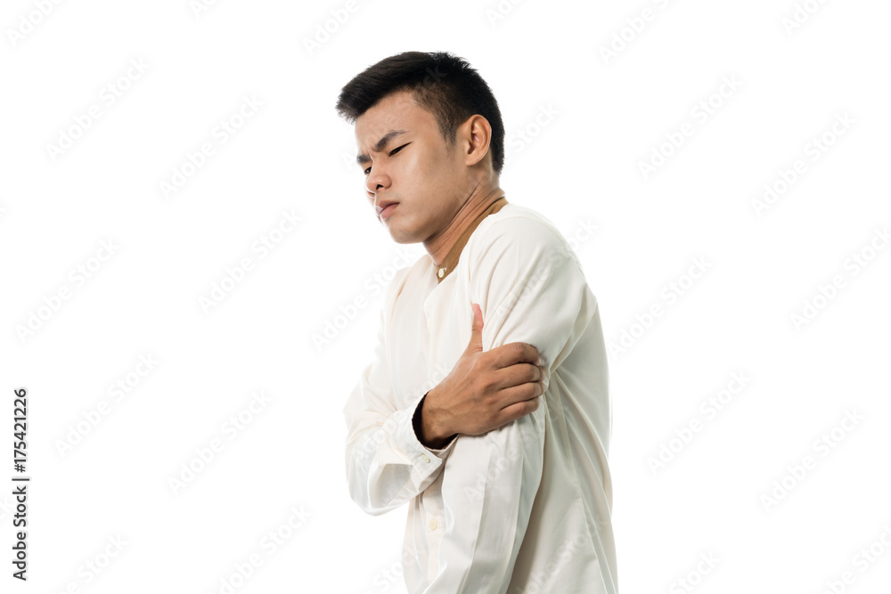 Handsome asian reception man having an arms pain portrait studio on white background Handsome asian reception man having an arms pain portrait studio on white background