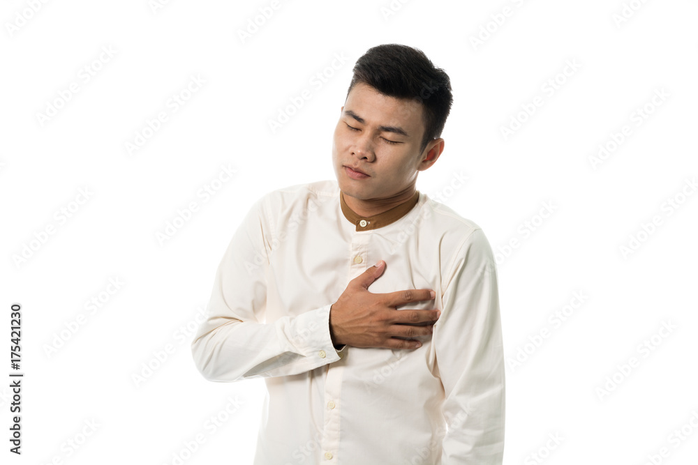Handsome asian reception man with hearth attack portrait studio on white background Handsome asian reception man with hearth attack portrait studio on white background