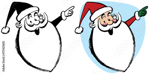 A portrait of Santa Claus pointing at something interesting. 
