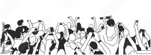 Stylized drawing of party crowd at concert cheering and recording in black and white