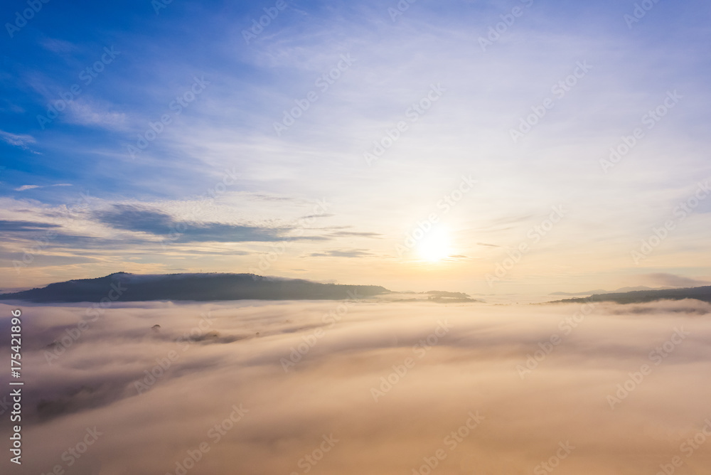 Aerial view of Panorama landscape with mountain view and morning fog