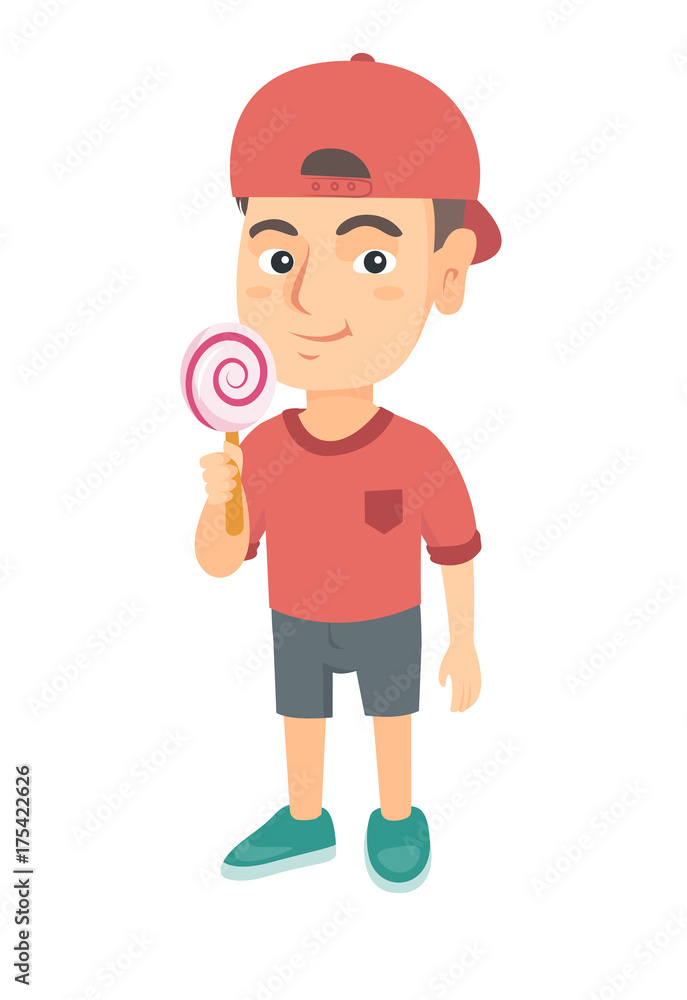 Little caucasian boy holding a lollipop candy. Full length of young boy eating a lollipop candy. Vector sketch cartoon illustration isolated on white background. Little caucasian boy holding a lollipop candy. Full length of young boy eating a lollipop candy. Vector sketch cartoon illustration isolated on white background.