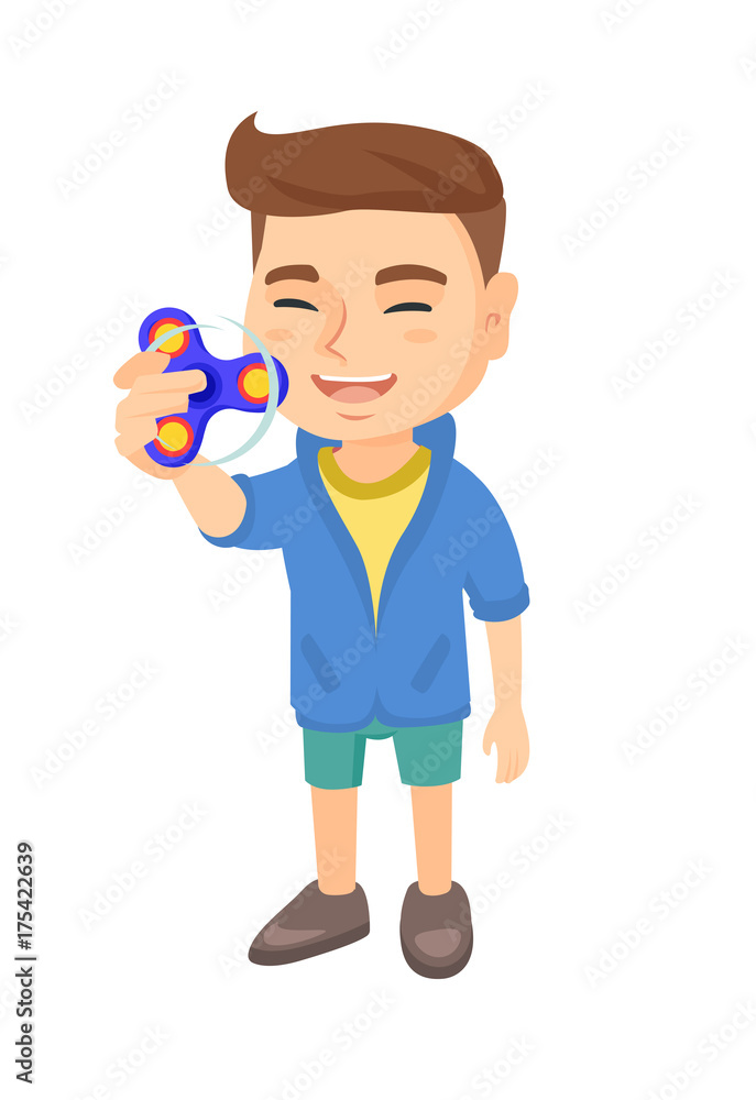 Caucasian little cheerful boy holding popular fidget spinner toy. Full length of happy smiling boy playing with fidget spinner. Vector sketch cartoon illustration isolated on white background.