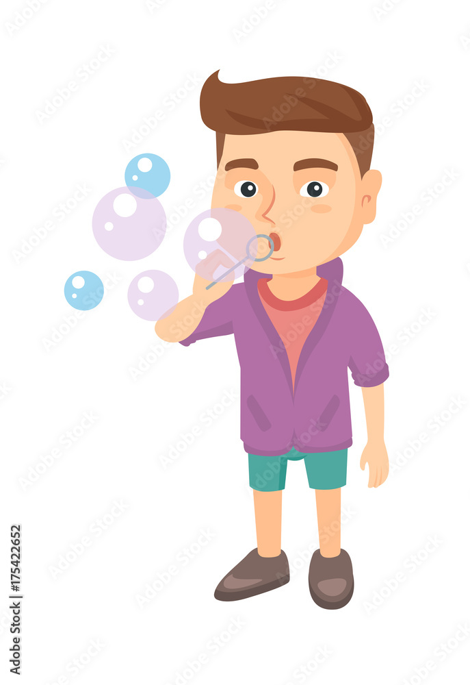 Little caucasian boy blowing soap bubbles. Boy making soap bubbles. Boy playing with soap bubbles. Vector sketch cartoon illustration isolated on white background.