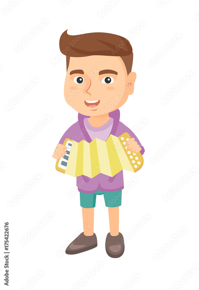 Caucasian smiling boy playing the accordion. Full length of little cheerful boy with the accordion. Vector sketch cartoon illustration isolated on white background.