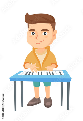 Little caucasian boy playing the piano. Full length of smiling boy standing near the piano. Vector sketch cartoon illustration isolated on white background.
