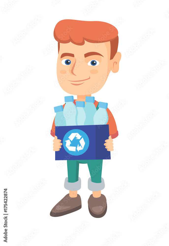 Caucasian boy holding recycling bin full of plastic bottles. Boy carrying recycling bin with plastic bottles. Plastic recycling concept. Vector sketch cartoon illustration isolated on white background