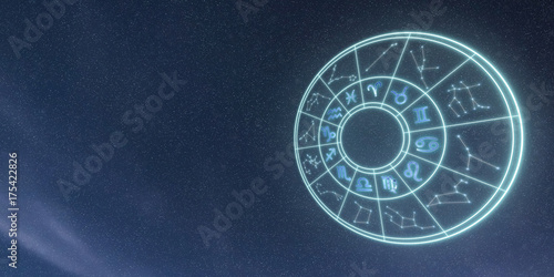 Light symbols of zodiac and horoscope circle, astrology and mystic signs