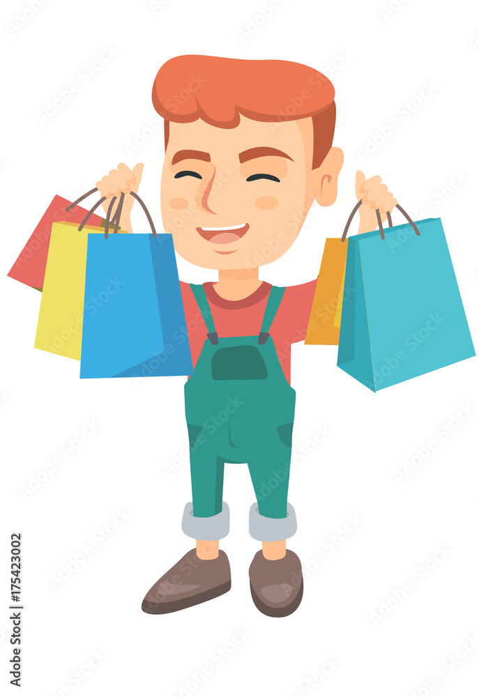 Caucasian boy holding many shopping bags. Happy boy standing with raised hands and showing a lot of shopping bags with purchases. Vector sketch cartoon illustration isolated on white background. Caucasian boy holding many shopping bags. Happy boy standing with raised hands and showing a lot of shopping bags with purchases. Vector sketch cartoon illustration isolated on white background.