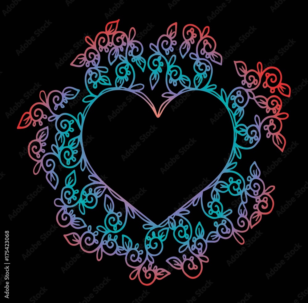 Decorative love frame composition with hearts, flowers, ornate elements in doodle style. Floral, ornate, decorative, tribal design elements. Black and white background. Zentangle coloring book page Decorative love frame composition with hearts, flowers, ornate elements in doodle style. Floral, ornate, decorative, tribal design elements. Black and white background. Zentangle coloring book page