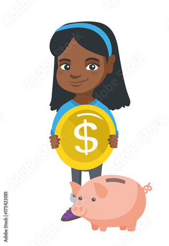 African-american girl saving coins in a piggy bank. Little girl inserting a coin into a piggy bank. Girl putting a coin in a piggy bank. Vector sketch cartoon illustration isolated on white background