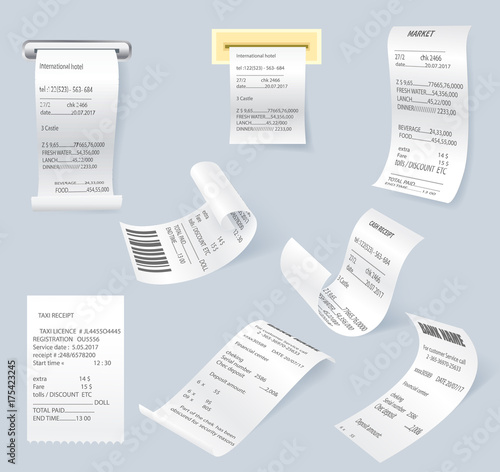 Paper print check vector elements. Shop reciept, retail ticket isolated object, realistic financial atm bill, cash dispenser financial invoice. Receipt records sale of goods or provision of service