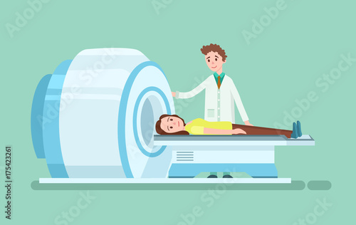 Computed axial tomography patient scanning. Medical treatment and healthcare poster, modern clinical analysis, medical diagnostic test banner. Doctor visit in clinic vector illustration in flat style