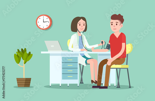 Doctor and patient measuring blood pressure. Medical treatment and healthcare poster, modern clinical analysis and treatment, medical diagnostic tests. Doctor visit in clinic vector illustration