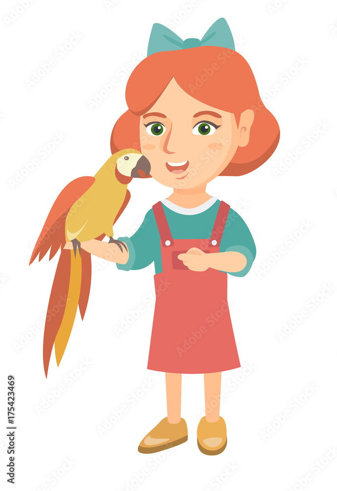 Caucasian smiling girl playing with her pet parrot. Full length of little girl holding parrot on her hand. Vector sketch cartoon illustration isolated on white background. Caucasian smiling girl playing with her pet parrot. Full length of little girl holding parrot on her hand. Vector sketch cartoon illustration isolated on white background.