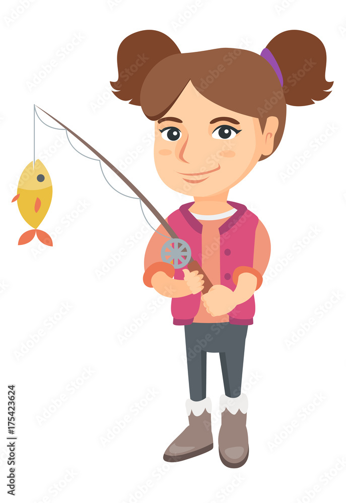 Caucasian little girl fishing. Full length of smiling girl holding