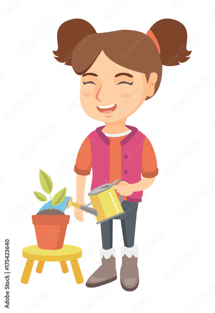 Caucasian girl watering plant with a watering can. Little laughing girl watering a flower growing in a pot. Vector sketch cartoon illustration isolated on white background. Caucasian girl watering plant with a watering can. Little laughing girl watering a flower growing in a pot. Vector sketch cartoon illustration isolated on white background.