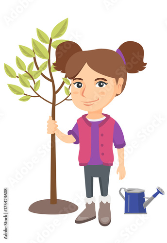 Caucasian smiling girl planting a tree. Eco-friendly girl standing near newly planted tree and watering can. Vector sketch cartoon illustration isolated on white background.