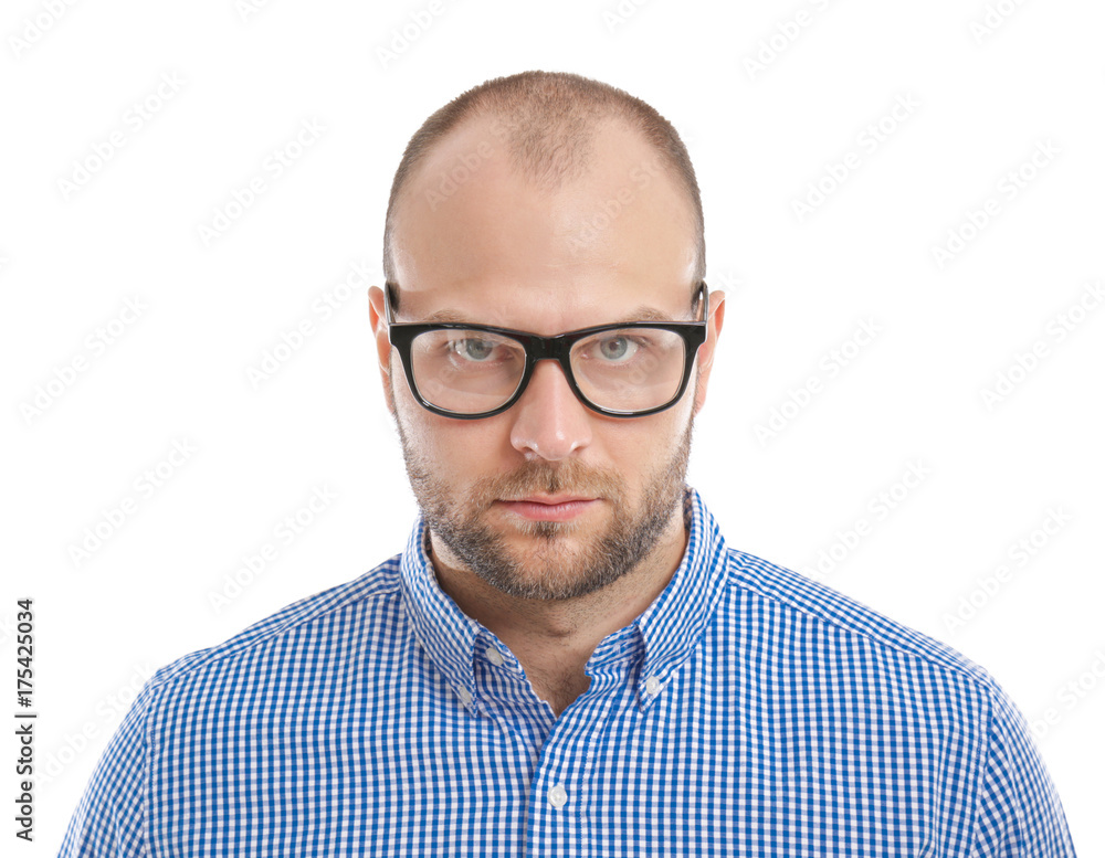 Obraz premium Young man with glasses on white background