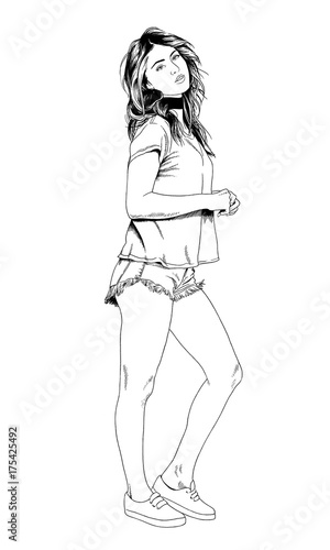 slender sporty girl drawn in ink by hand on a white background © evgo1977