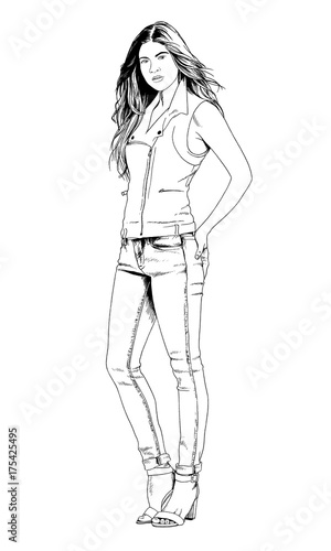 slender sporty girl drawn in ink by hand on a white background