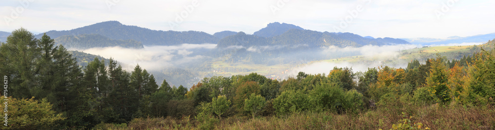 Panoramic view from slopes of Beresnik mountain towards Szczawnica in Pieniny, Poland